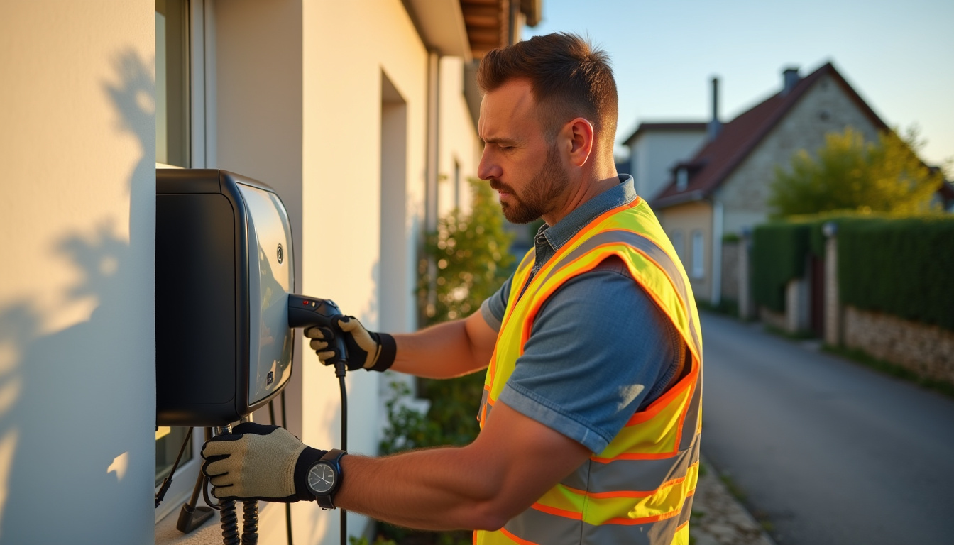 Électricien en train d'installer une borne de recharge à Saint-Germain-du-Corbéis