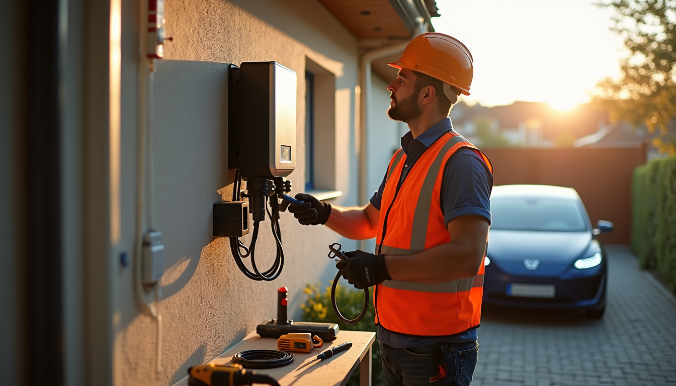 Électricien en train d'installer une borne de recharge à Saint-Quentin-Fallavier