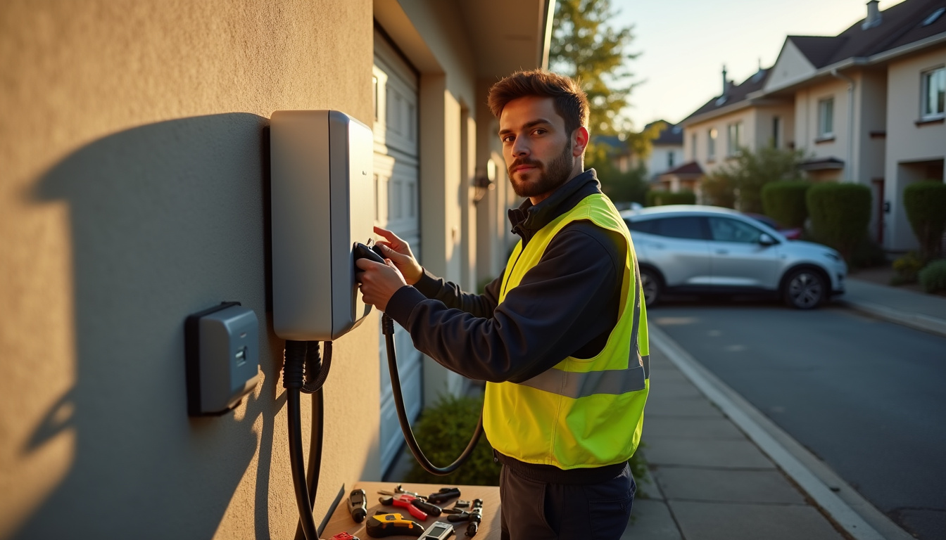 Électricien en train d'installer une borne de recharge à Serpaize
