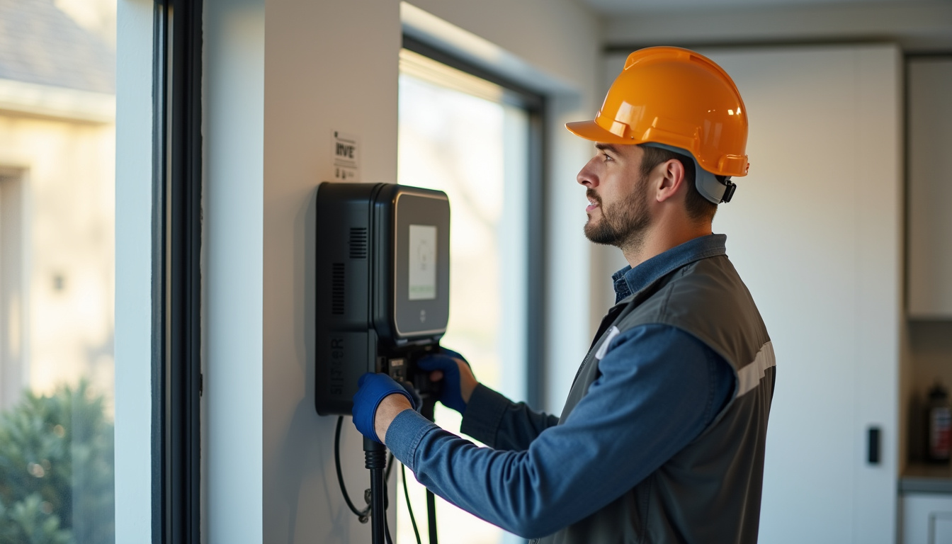 Électricien en train d'installer une borne de recharge certifiée IRVE