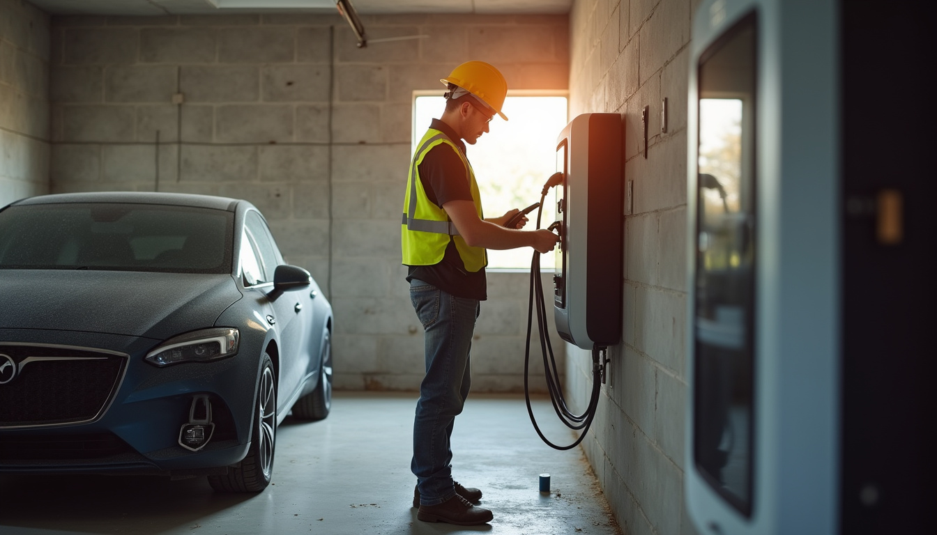 Électricien en train d'installer une borne de recharge dans un garage à Amblainville