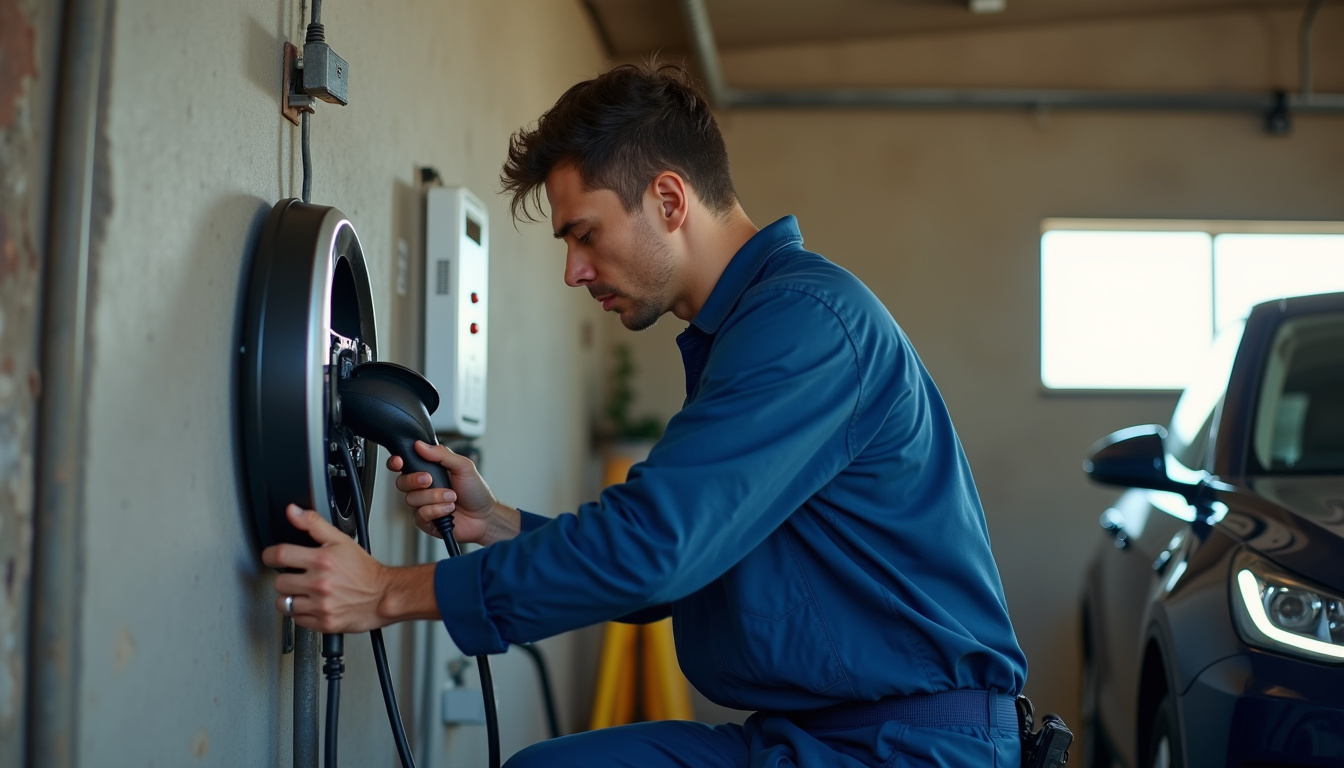 Électricien en train d’installer une borne de recharge dans un garage à Hadol