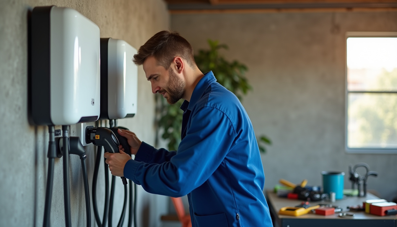 Électricien en train d'installer une borne de recharge dans un garage à Hesdin-l'Abbé