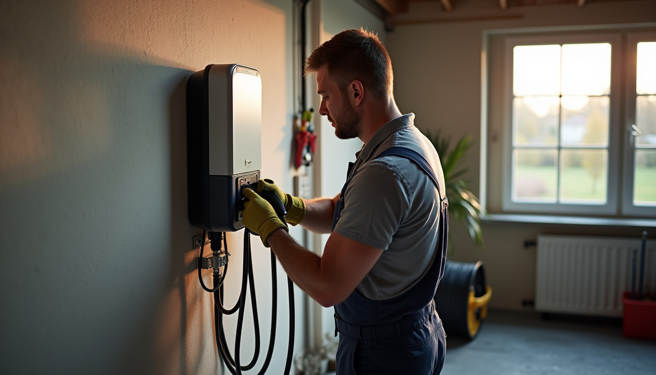 Électricien en train d’installer une borne de recharge dans un garage à Longèves, outils à la main