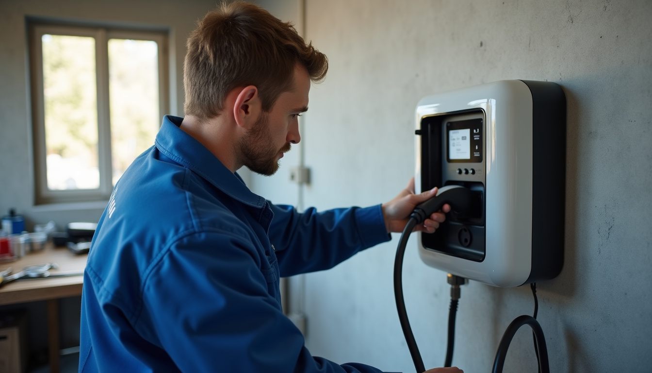 Électricien en train d’installer une borne de recharge dans un garage à Martignas-sur-Jalle
