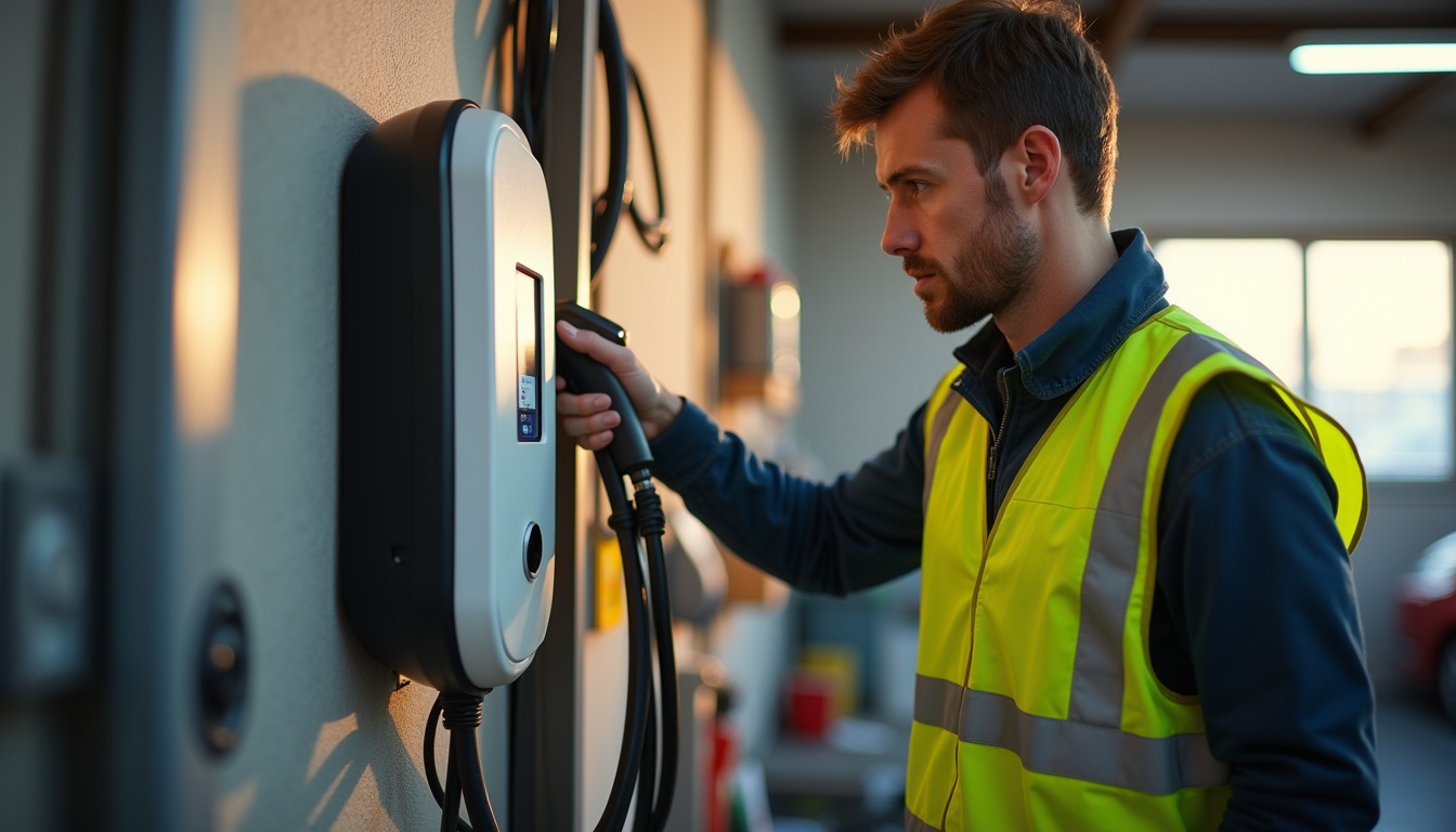 Électricien en train d’installer une borne de recharge dans un garage à Pont-Saint-Esprit
