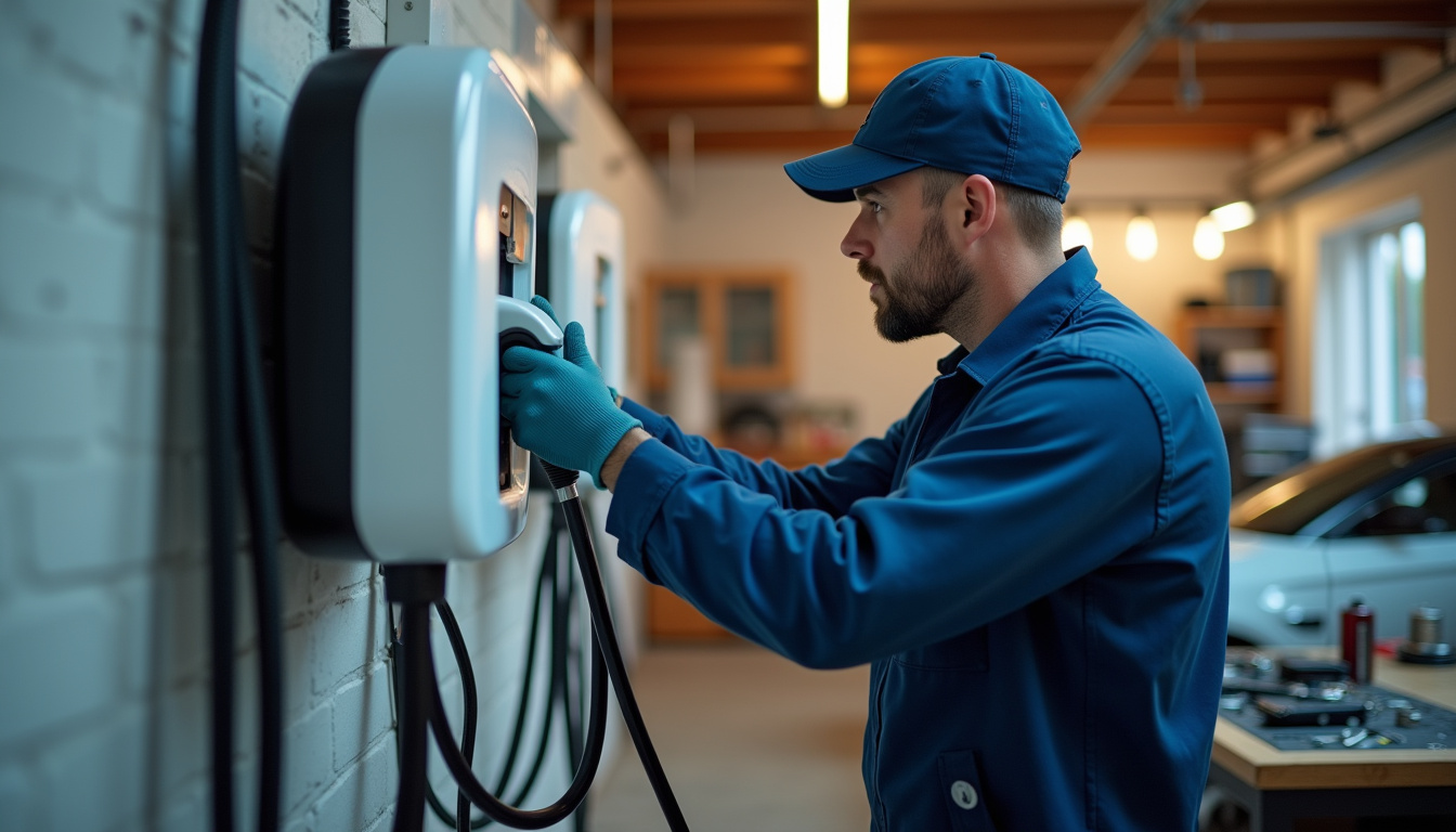 Électricien en train d'installer une borne de recharge dans un garage à Romagné, près de Fougères