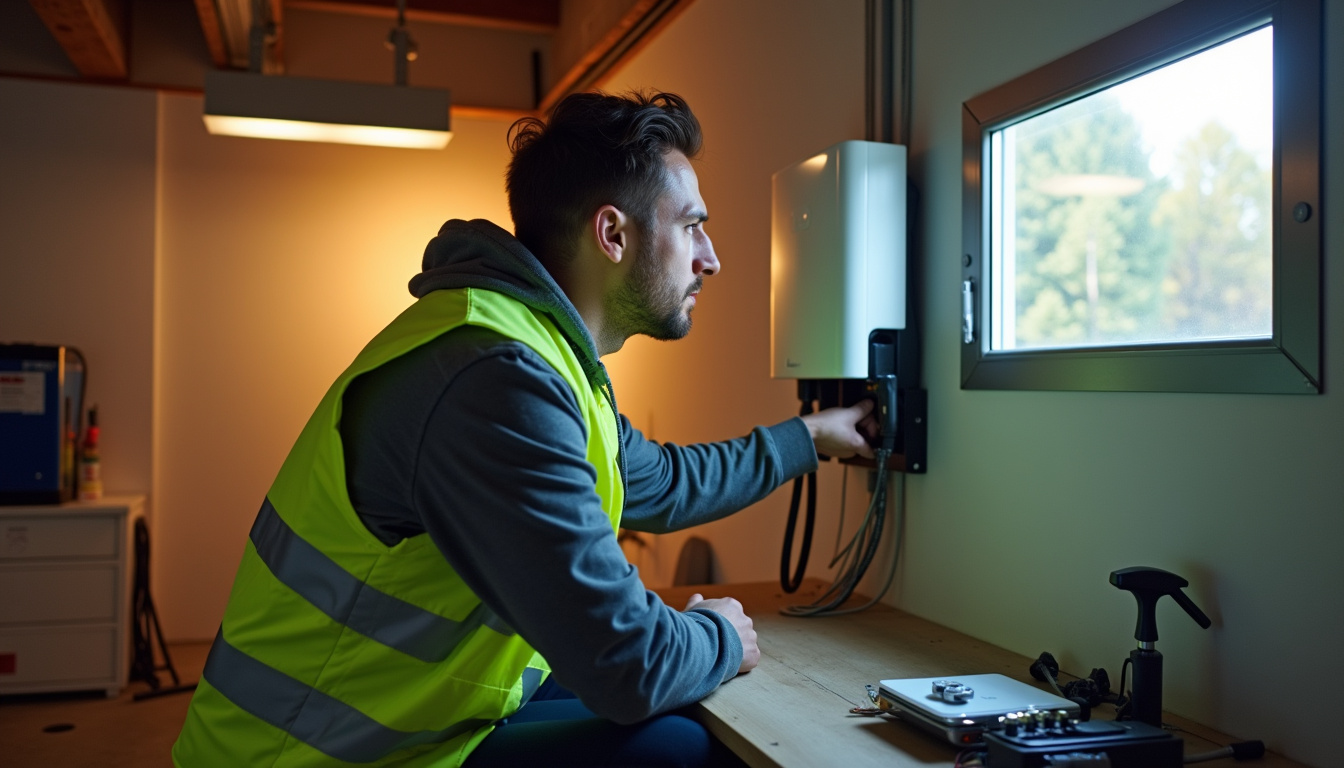 Électricien en train d'installer une borne de recharge dans un garage à Sanguinet