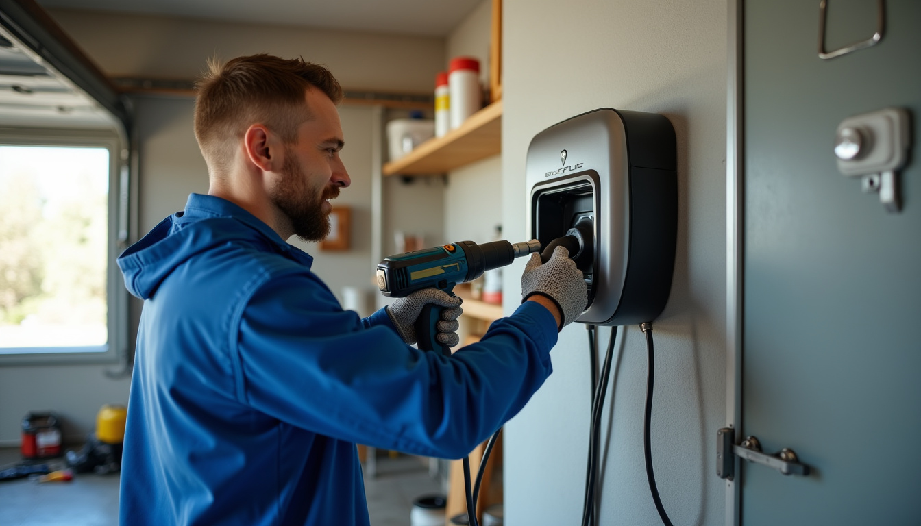 Électricien en train d'installer une borne de recharge dans un garage à Trangé