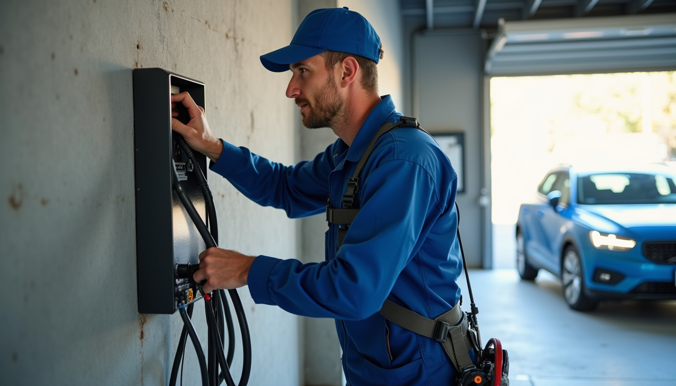 Électricien en train d’installer une borne de recharge dans un garage à Versonnex