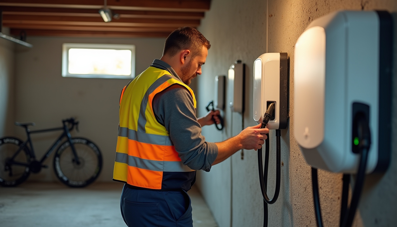 Électricien en train d’installer une borne de recharge dans un garage privé à Chilleurs-aux-Bois