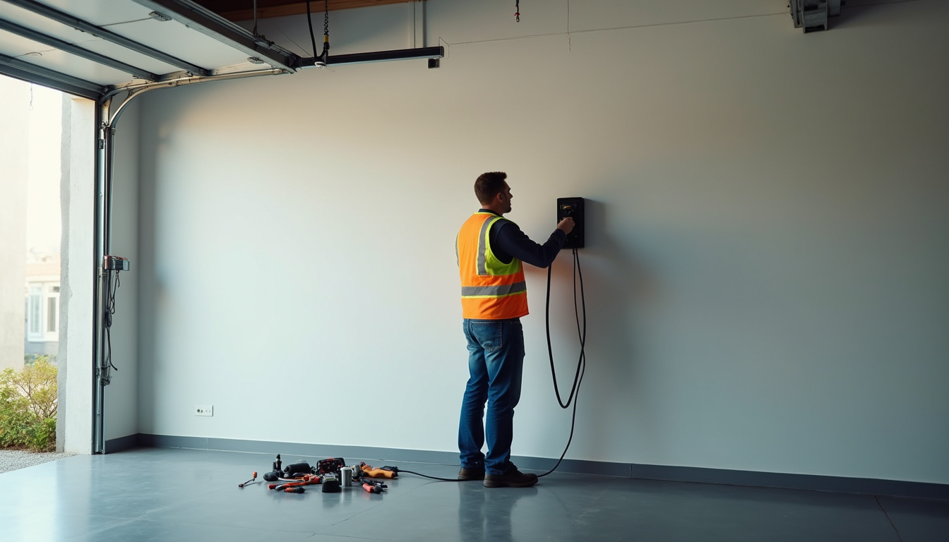 Électricien en train d'installer une borne de recharge dans un garage