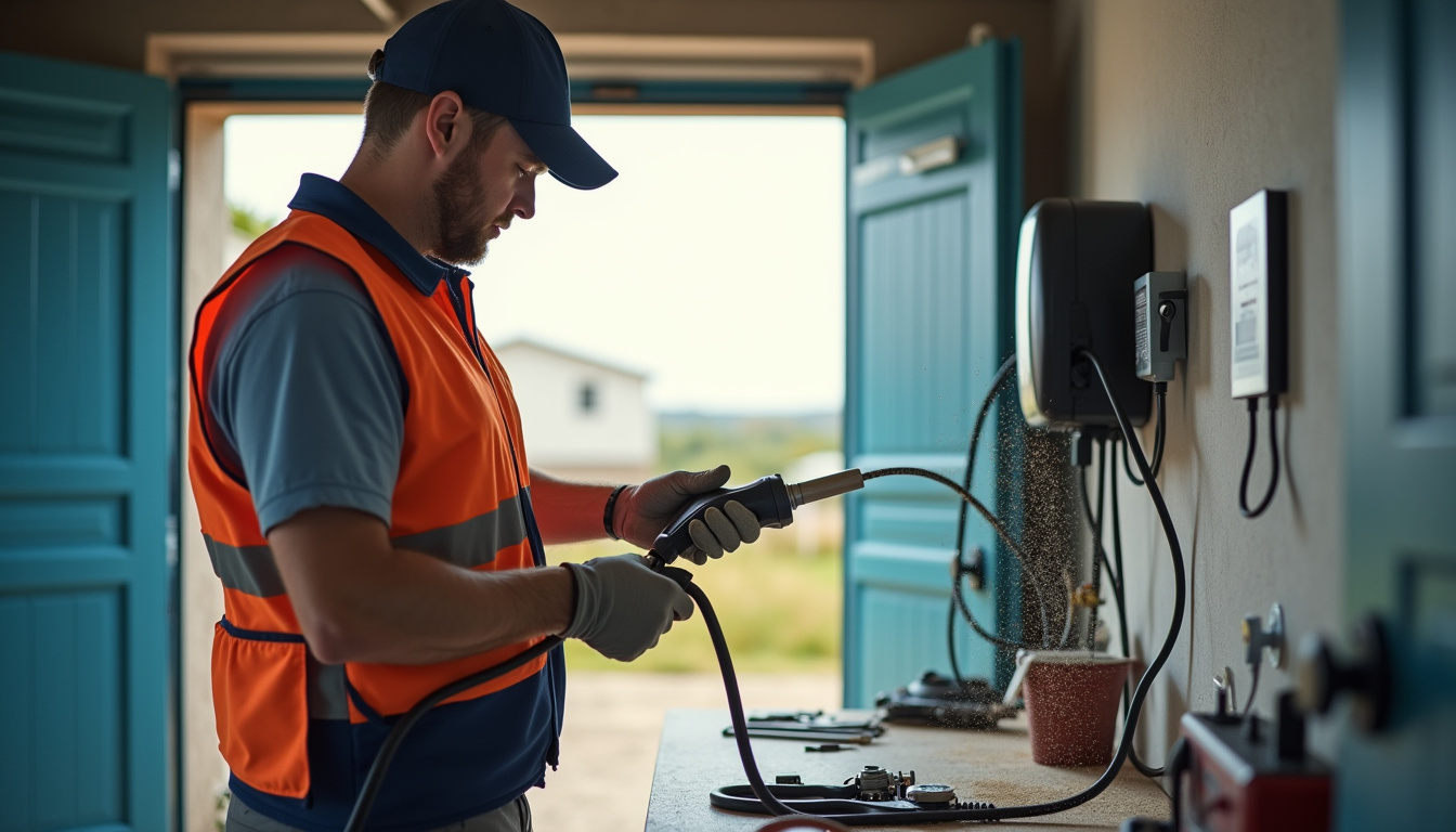 Électricien en train d'installer une borne de recharge dans une maison à Longeville-sur-Mer