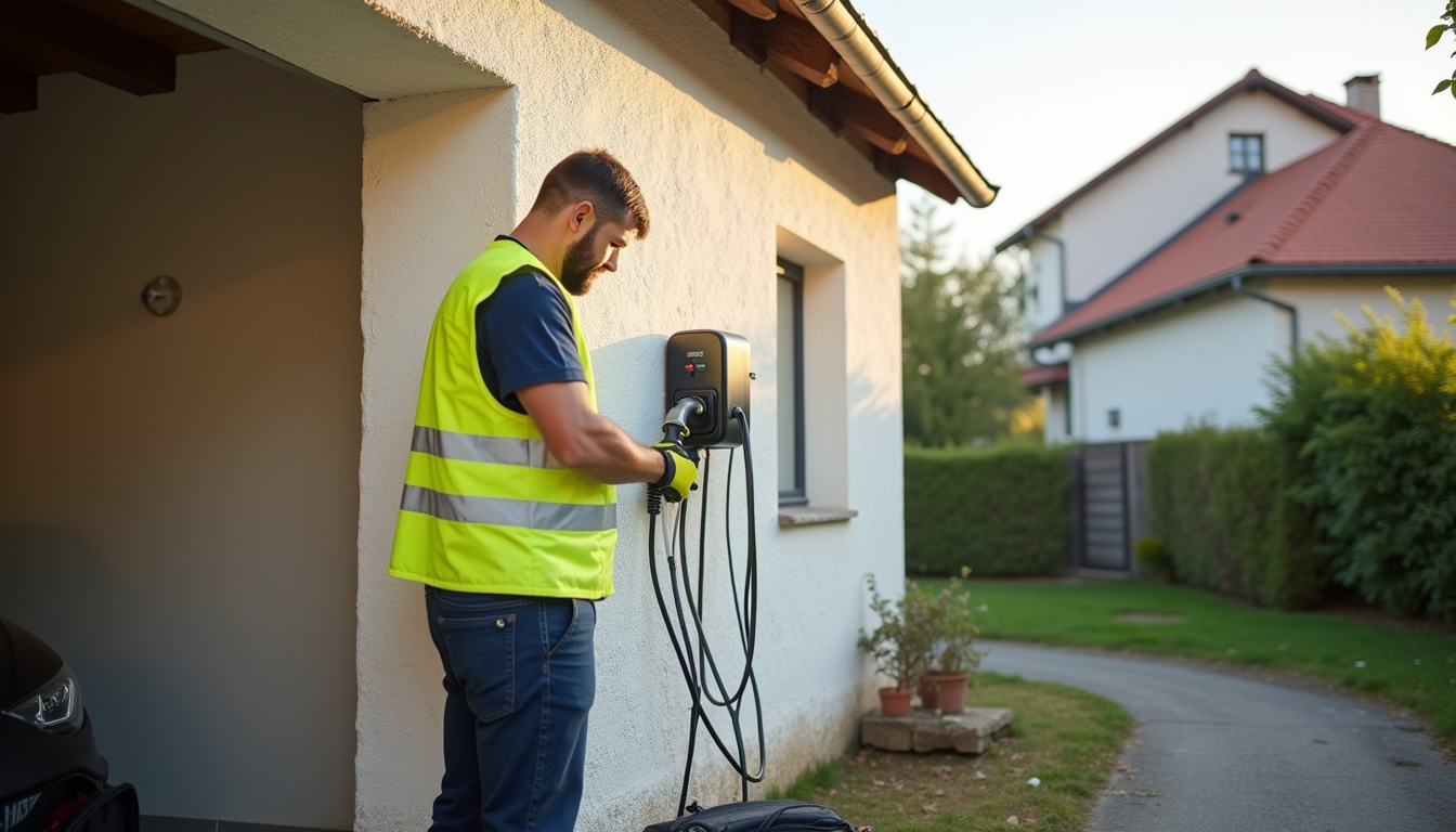 Électricien en train d'installer une borne de recharge dans une maison en Moselle