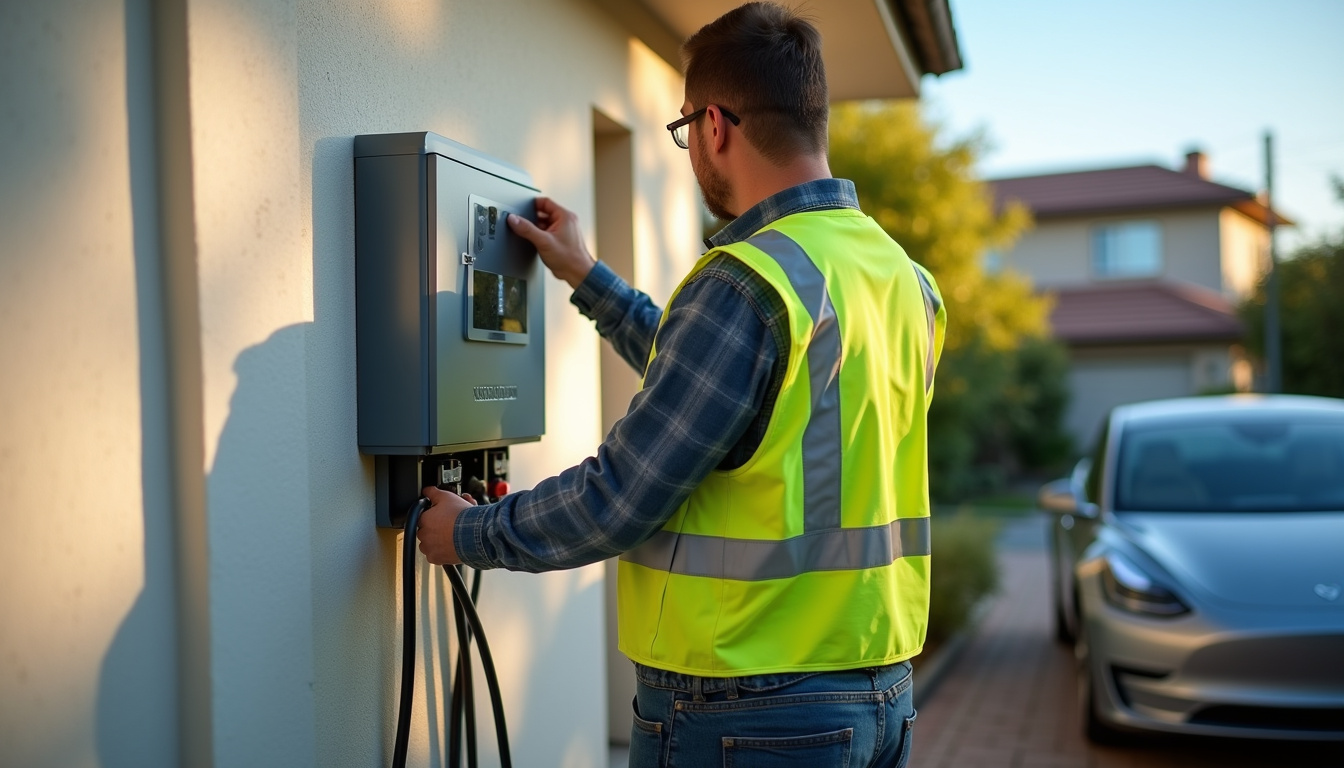 Électricien en train d'installer une borne de recharge électrique à Barberaz
