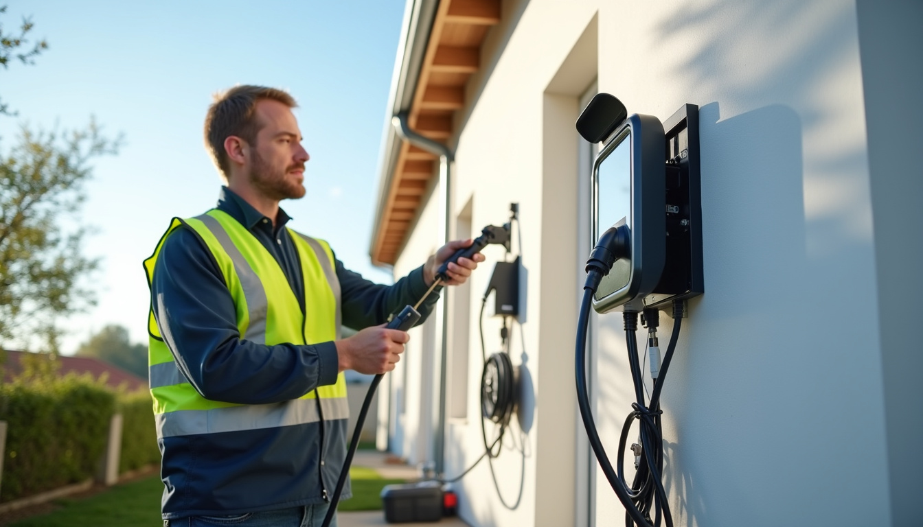 Électricien en train d'installer une borne de recharge électrique à Briscous