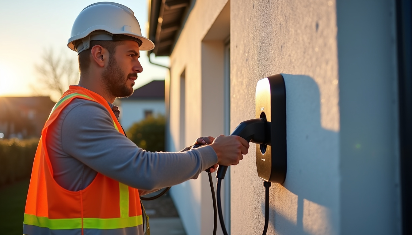 Électricien en train d’installer une borne de recharge électrique à Château-Thierry