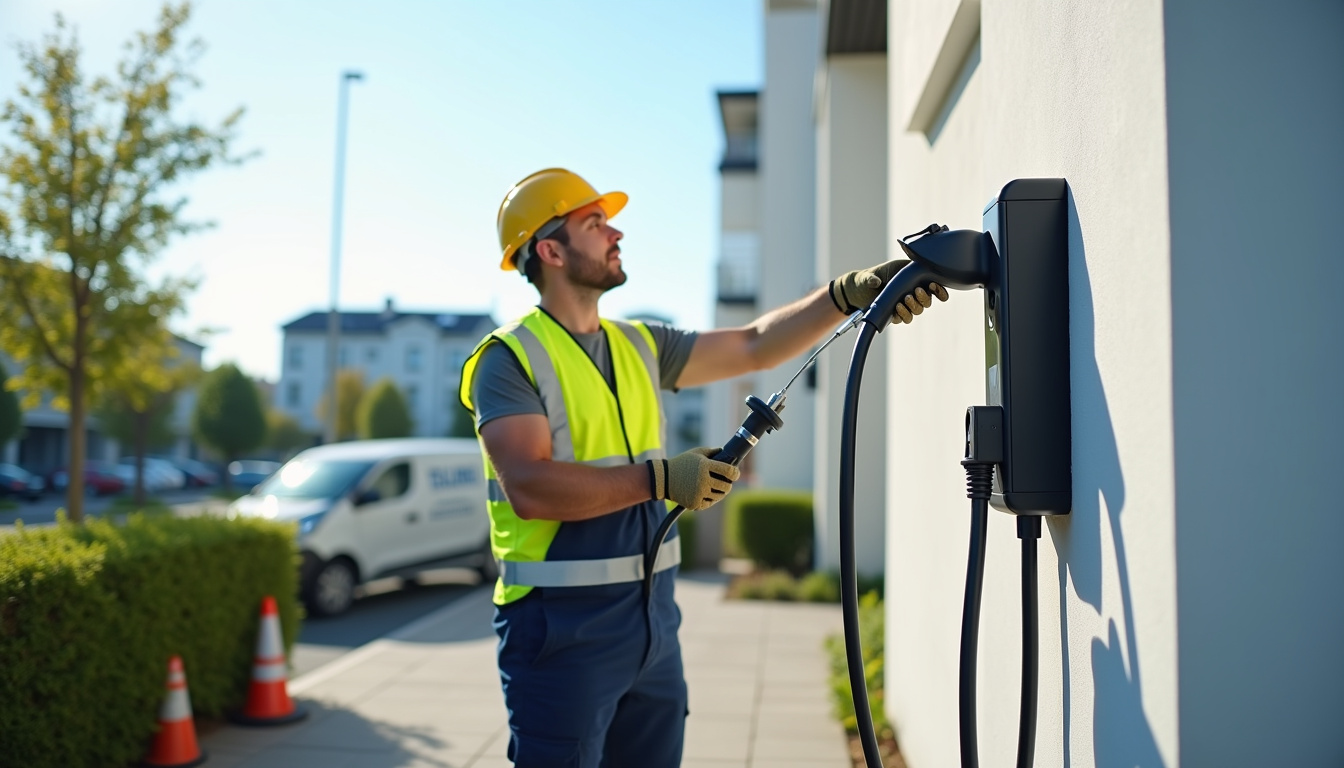 Électricien en train d'installer une borne de recharge électrique à Damparis