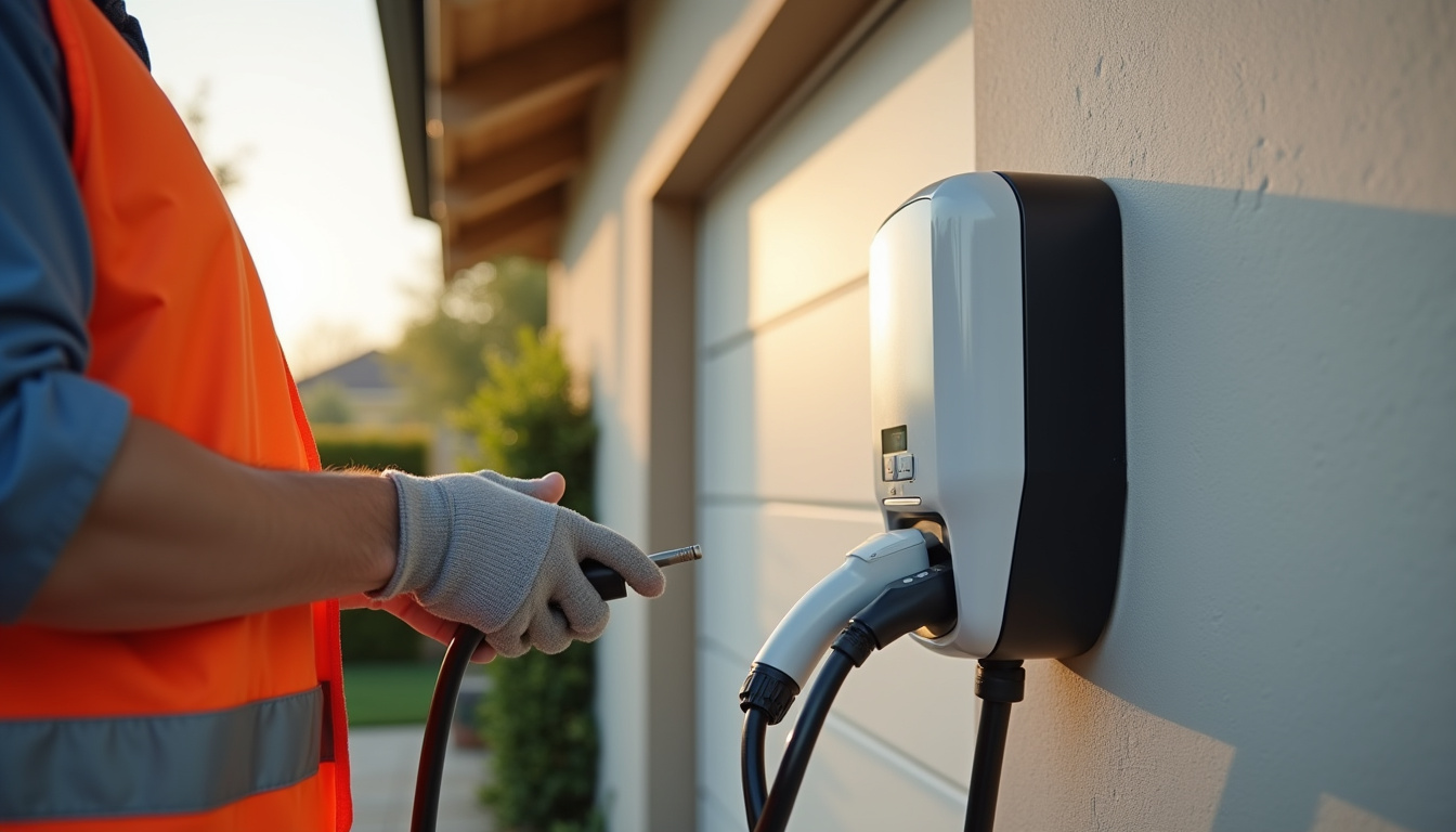 Électricien en train d’installer une borne de recharge électrique à domicile