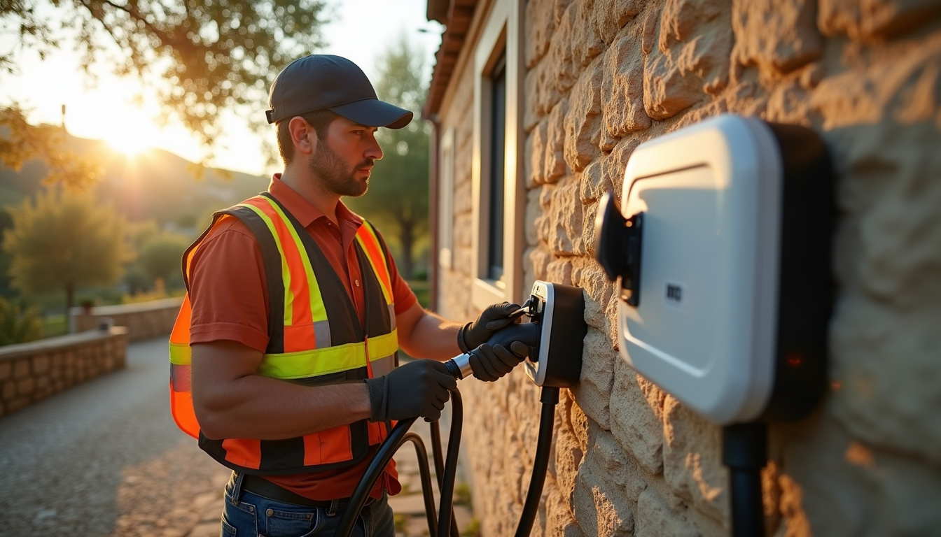 Électricien en train d'installer une borne de recharge électrique à Plan-d'Aups-Sainte-Baume