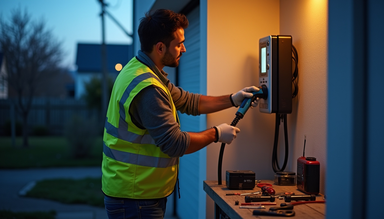 Électricien en train d’installer une borne de recharge électrique à Saint-Étienne-de-Saint-Geoirs