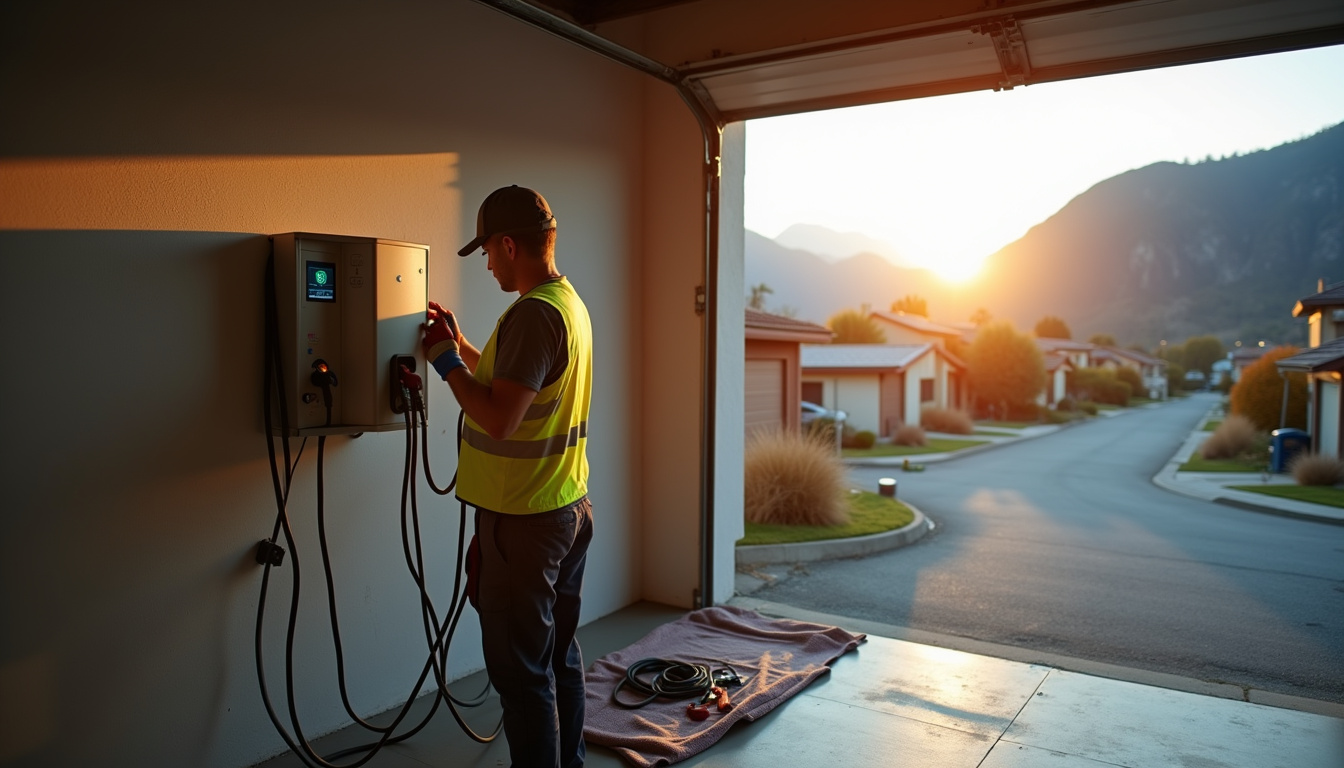 Électricien en train d'installer une borne de recharge électrique à Tenay