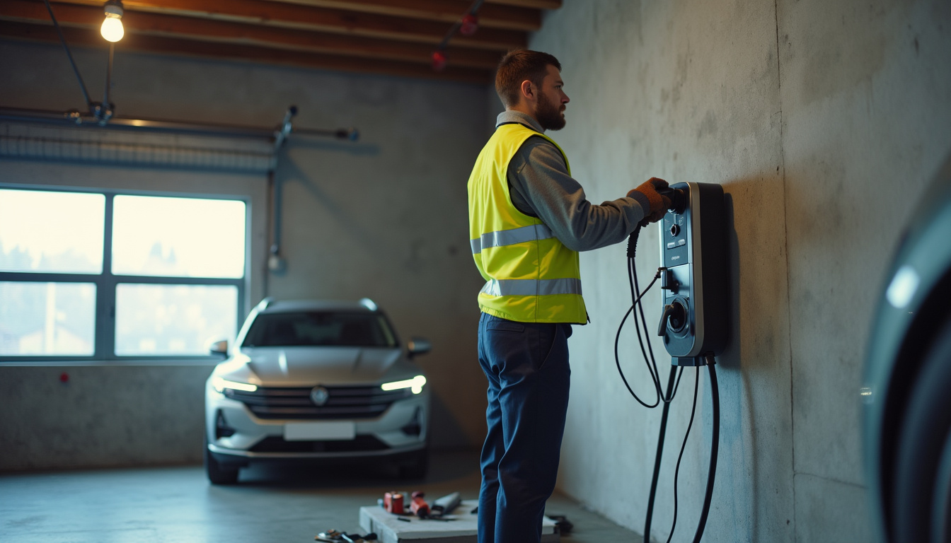 Électricien en train d'installer une borne de recharge électrique dans un garage à Nordhouse