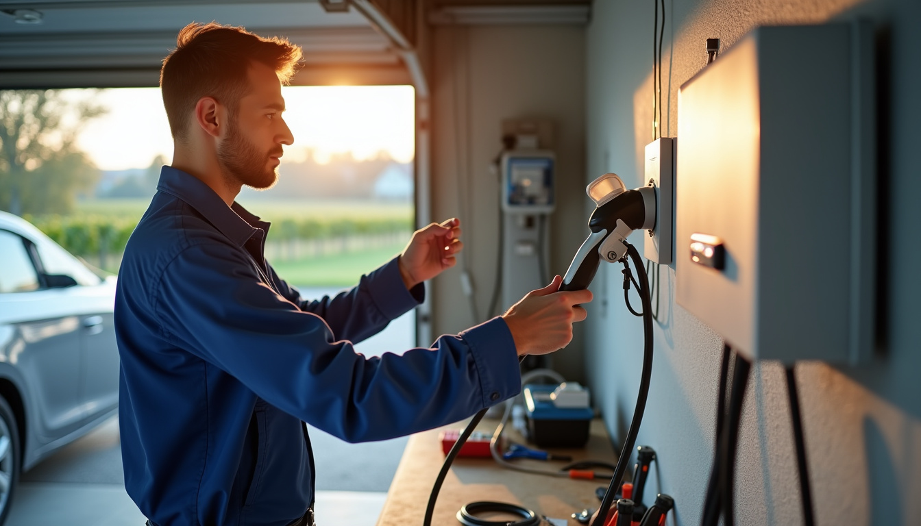 Électricien en train d'installer une borne de recharge électrique dans un garage en Loire