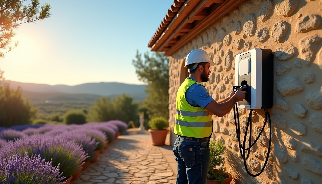 Électricien en train d'installer une borne de recharge électrique dans une résidence en Provence-Alpes-Côte d'Azur