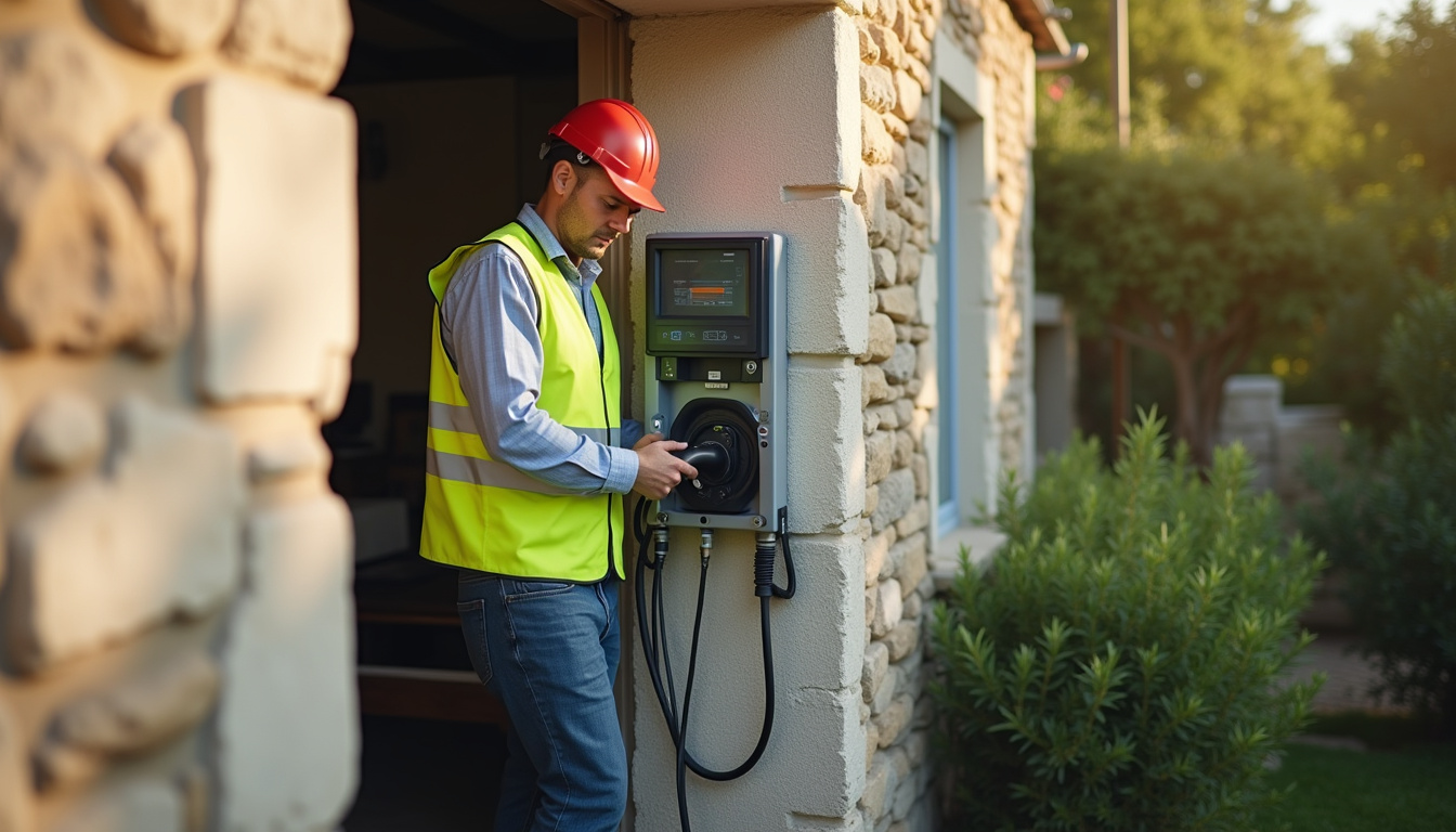 Électricien en train d'installer une borne de recharge électrique devant un garage à Angoulins