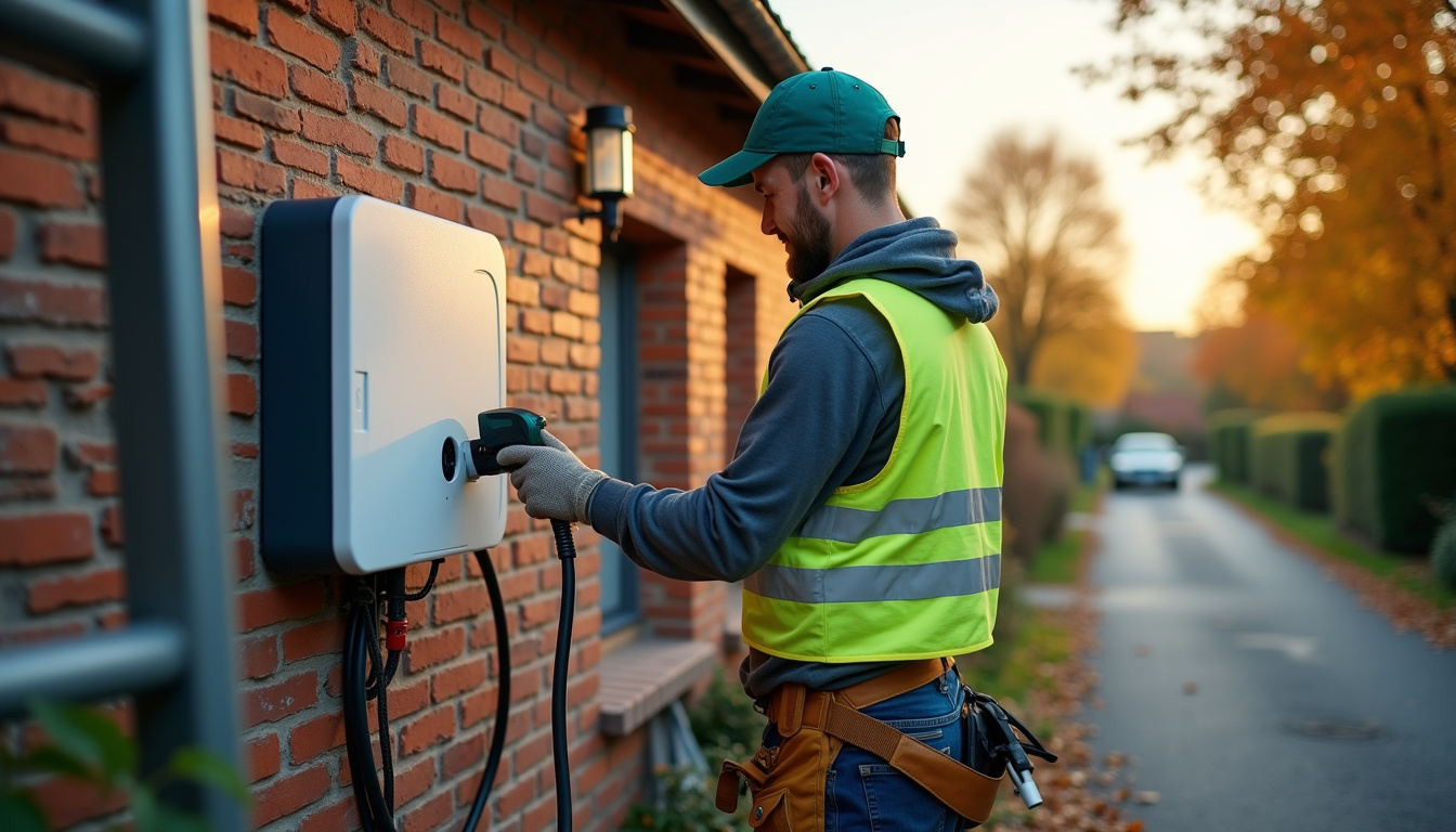 Électricien en train d'installer une borne de recharge électrique devant une maison à Vendœuvres