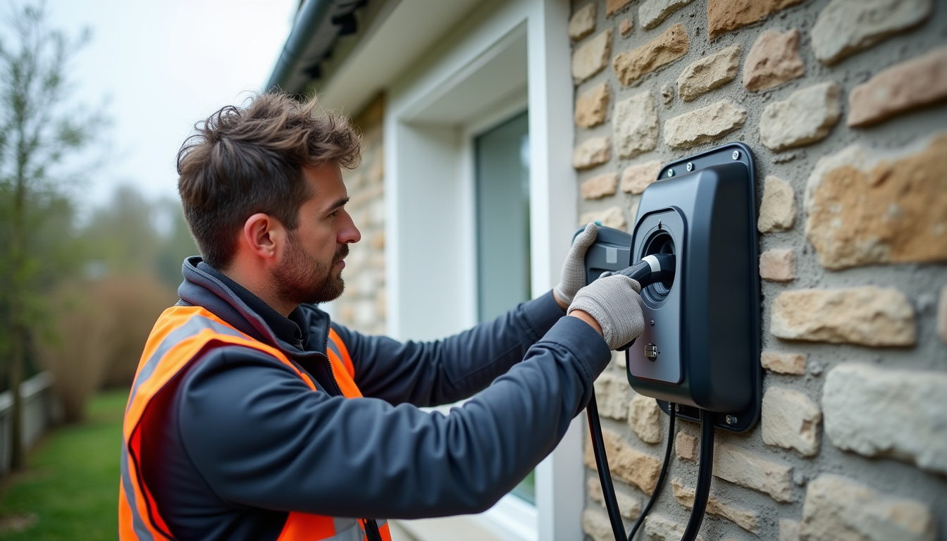 Électricien en train d'installer une borne de recharge électrique sur un mur extérieur à Peyrehorade, avec matériel professionnel et gants de sécurité
