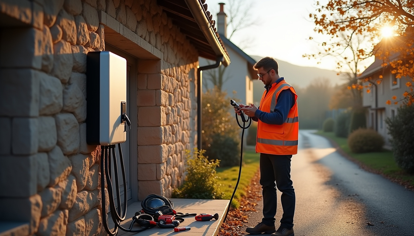 Électricien en train d'installer une borne de recharge IRVE devant un garage à Veyre-Monton