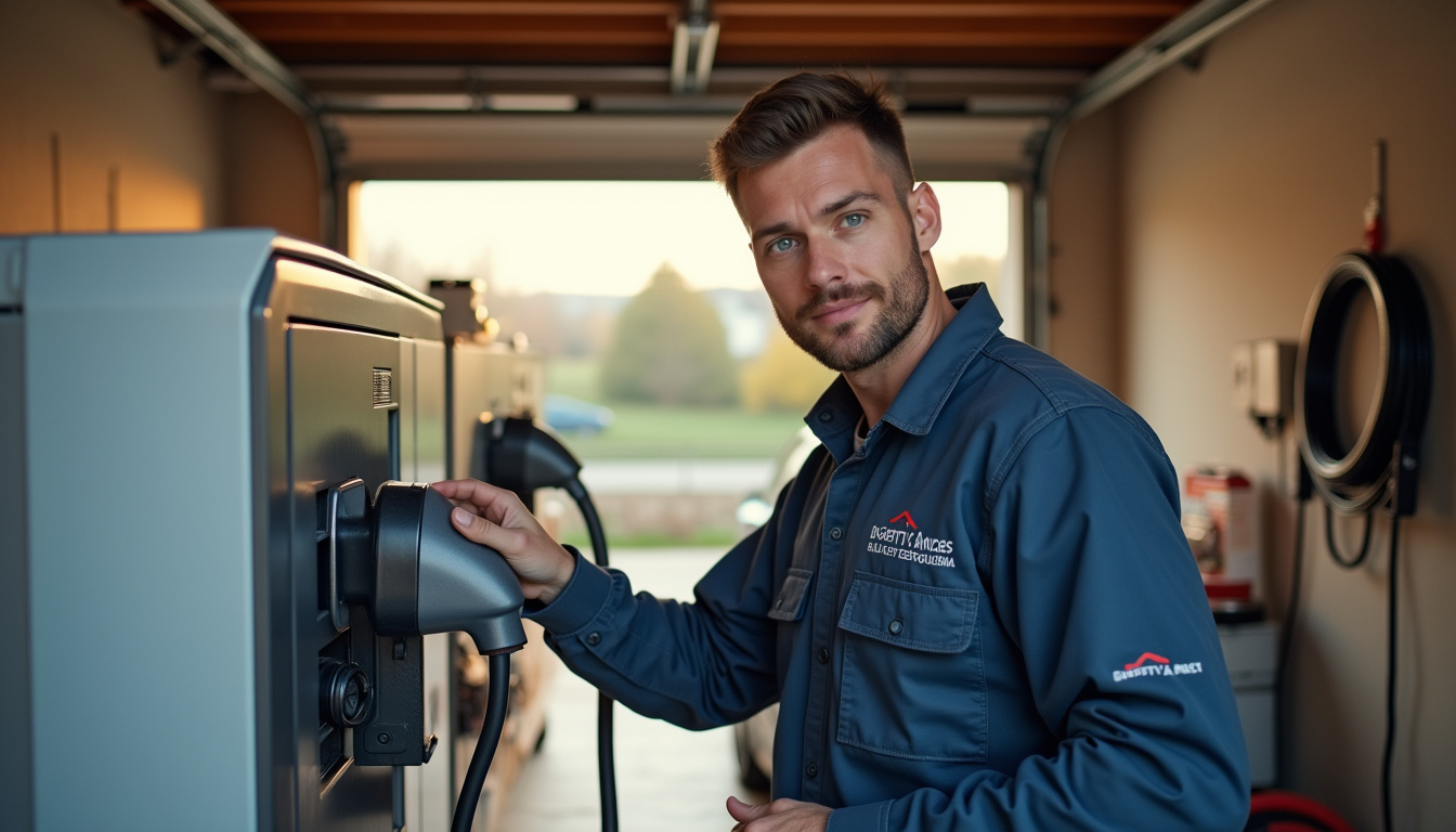 Électricien en train d'installer une borne de recharge, logo IRVE visible sur sa combinaison
