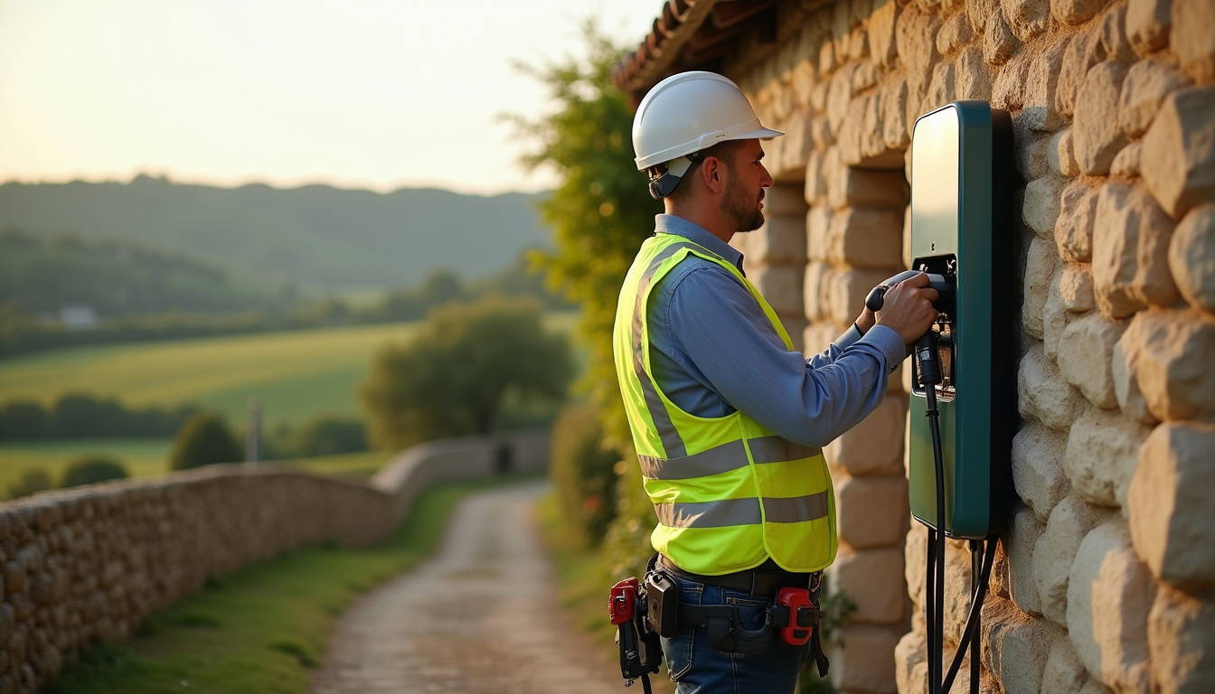 Électricien en train d'installer une borne de recharge murale à Aurignac, en milieu rural