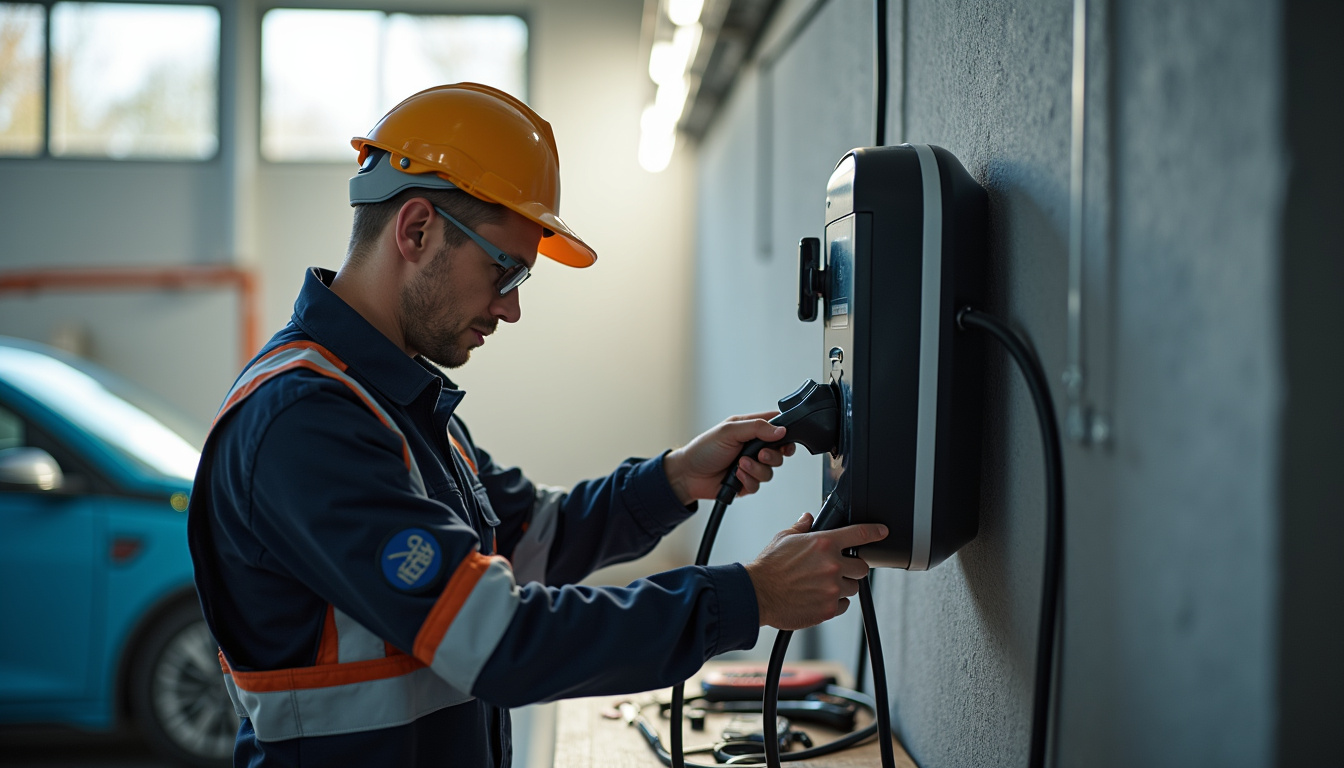 Électricien en train d'installer une borne de recharge murale dans un garage à Garancières