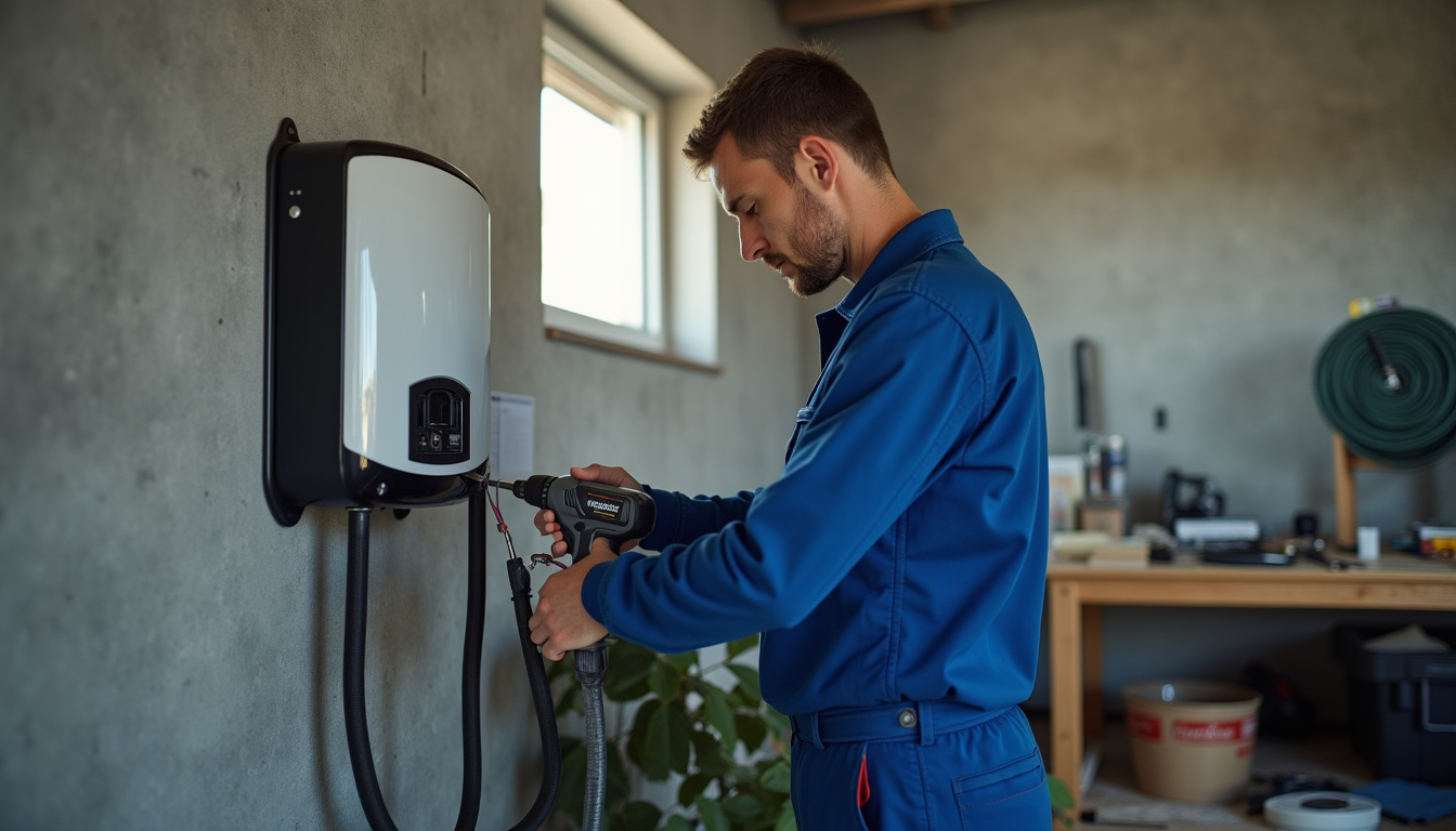 Électricien en train d'installer une borne de recharge murale dans un garage à Javené
