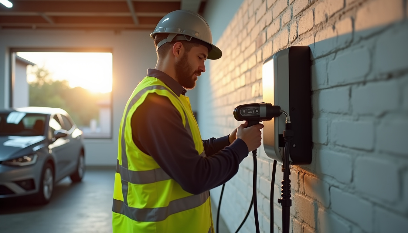 Électricien en train d’installer une borne de recharge murale dans un garage à Jezainville