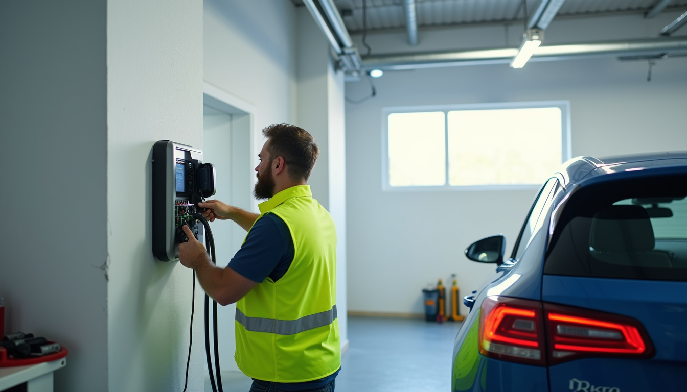 Électricien en train d'installer une borne de recharge murale dans un garage à Limoges