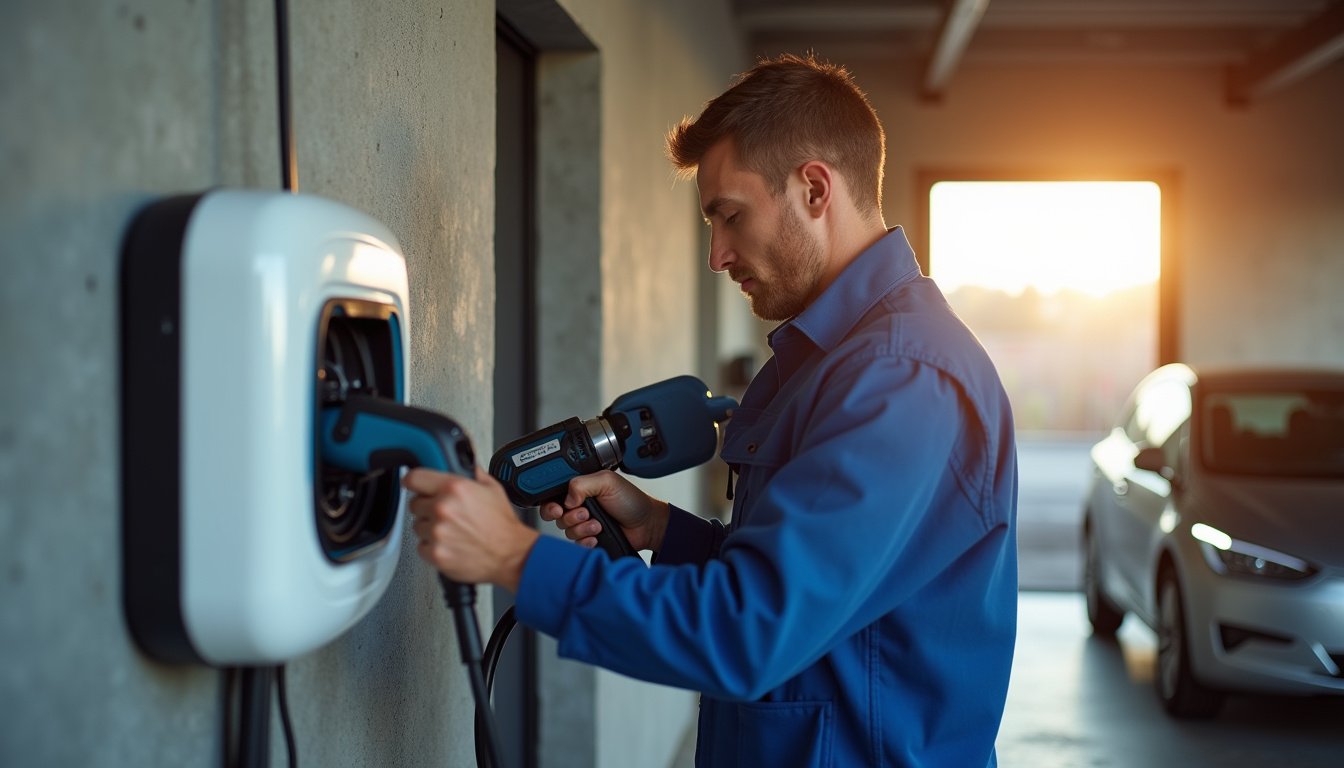Électricien en train d'installer une borne de recharge murale dans un garage à Lorry-lès-Metz