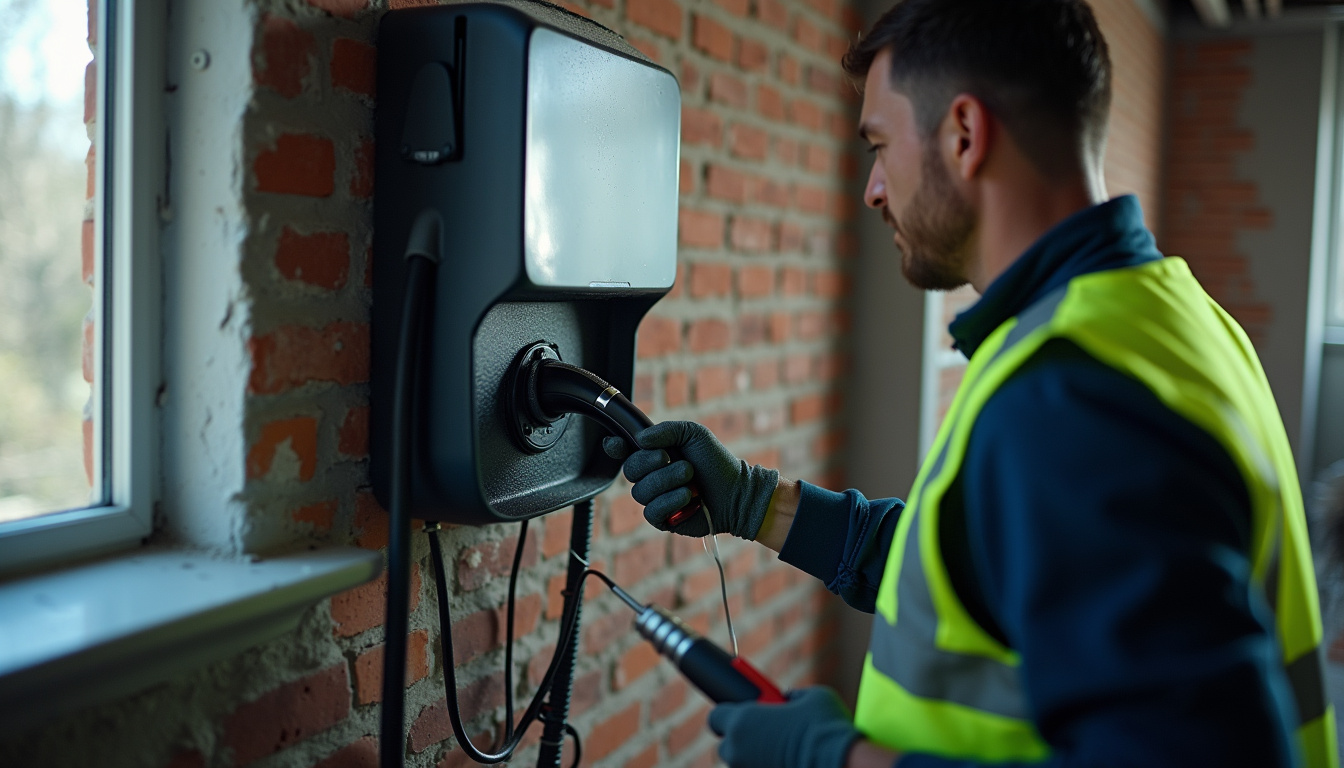 Électricien en train d'installer une borne de recharge murale pour véhicule électrique
