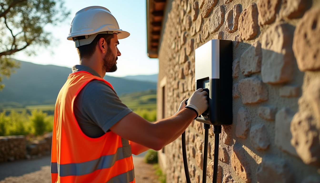 Électricien en train d’installer une borne de recharge murale sur un mur extérieur