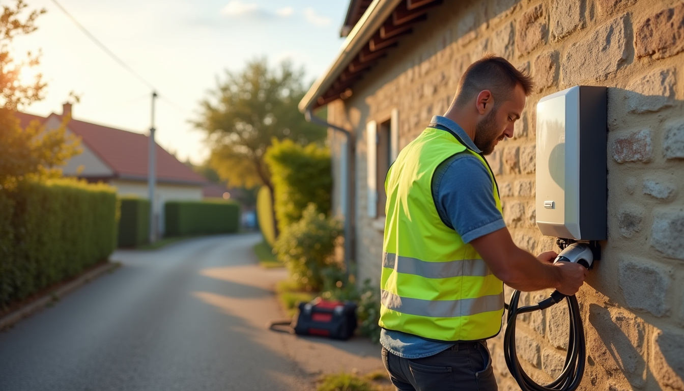 Électricien en train d'installer une borne de recharge pour véhicule électrique à Confolens