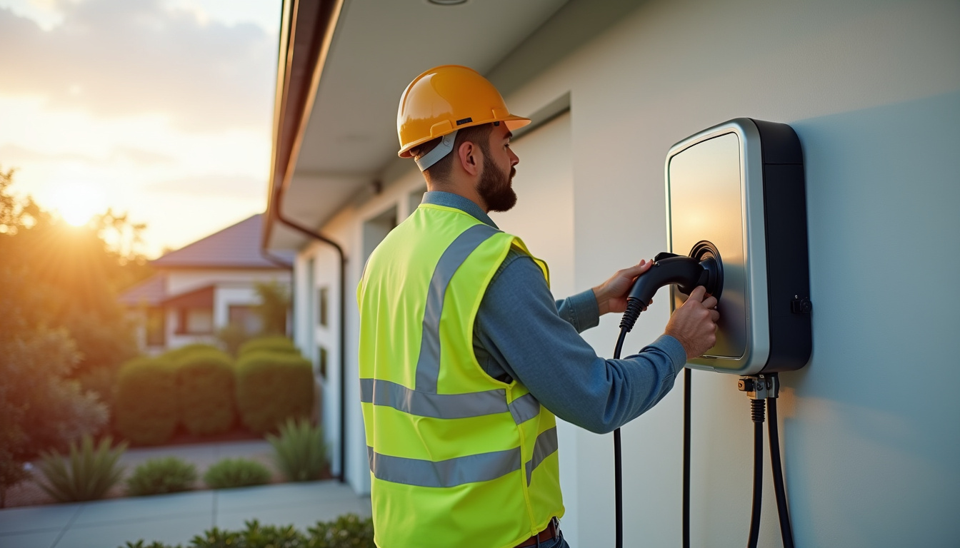 Électricien en train d'installer une borne de recharge pour véhicule électrique à domicile