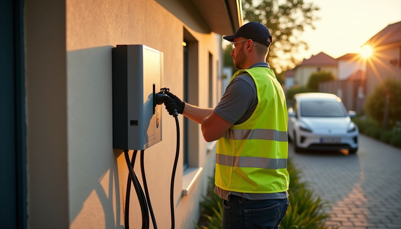 Électricien en train d'installer une borne de recharge pour véhicule électrique dans le Rhône