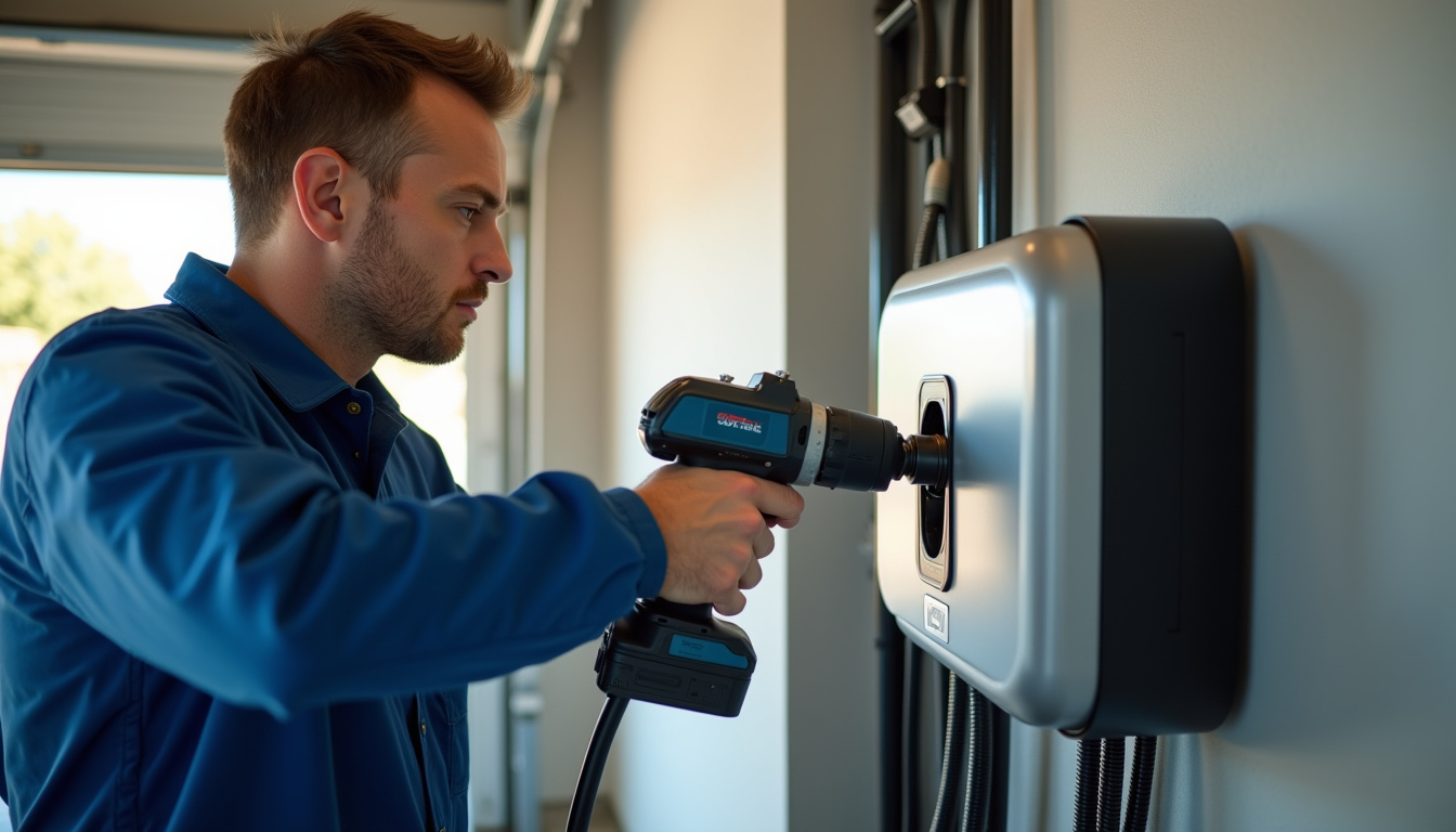 Électricien en train d'installer une borne de recharge pour véhicule électrique dans un garage à Loiron-Ruillé