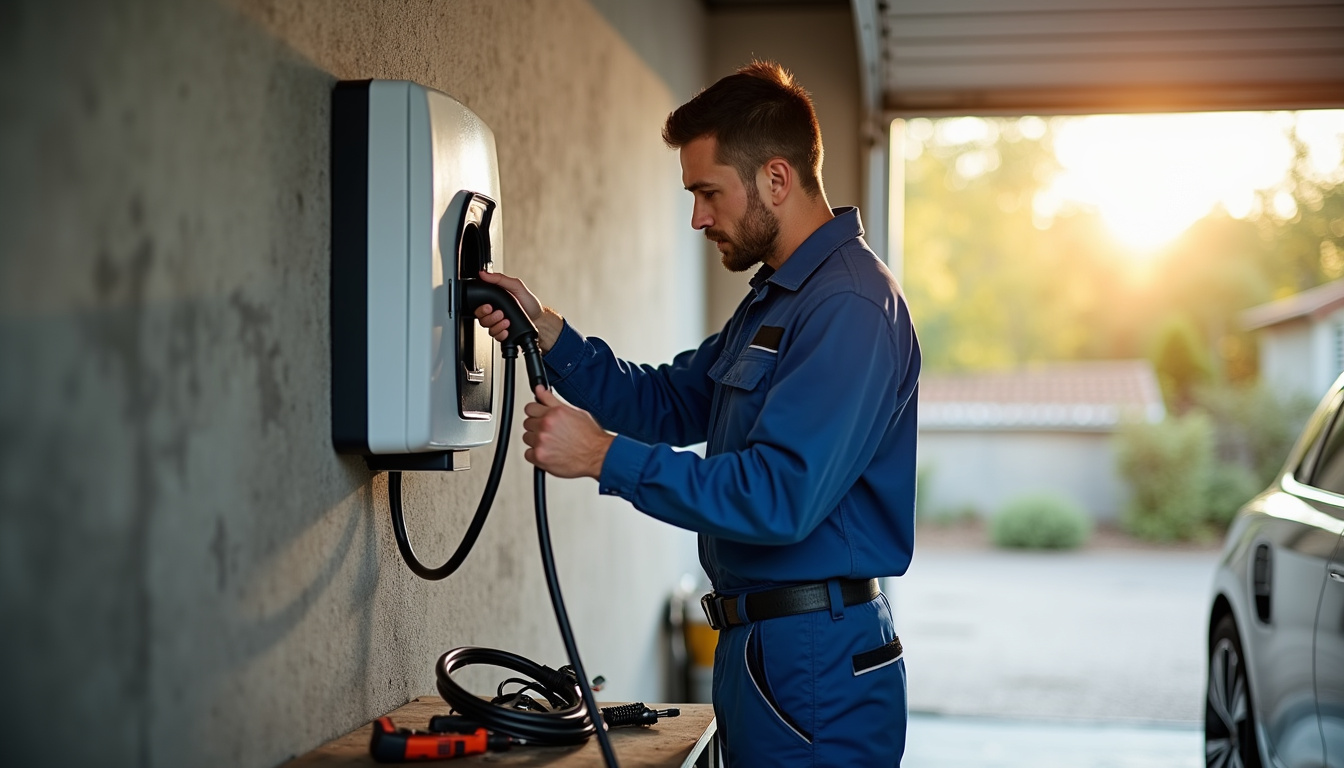 Électricien en train d’installer une borne de recharge pour véhicule électrique dans un garage à Morières-lès-Avignon