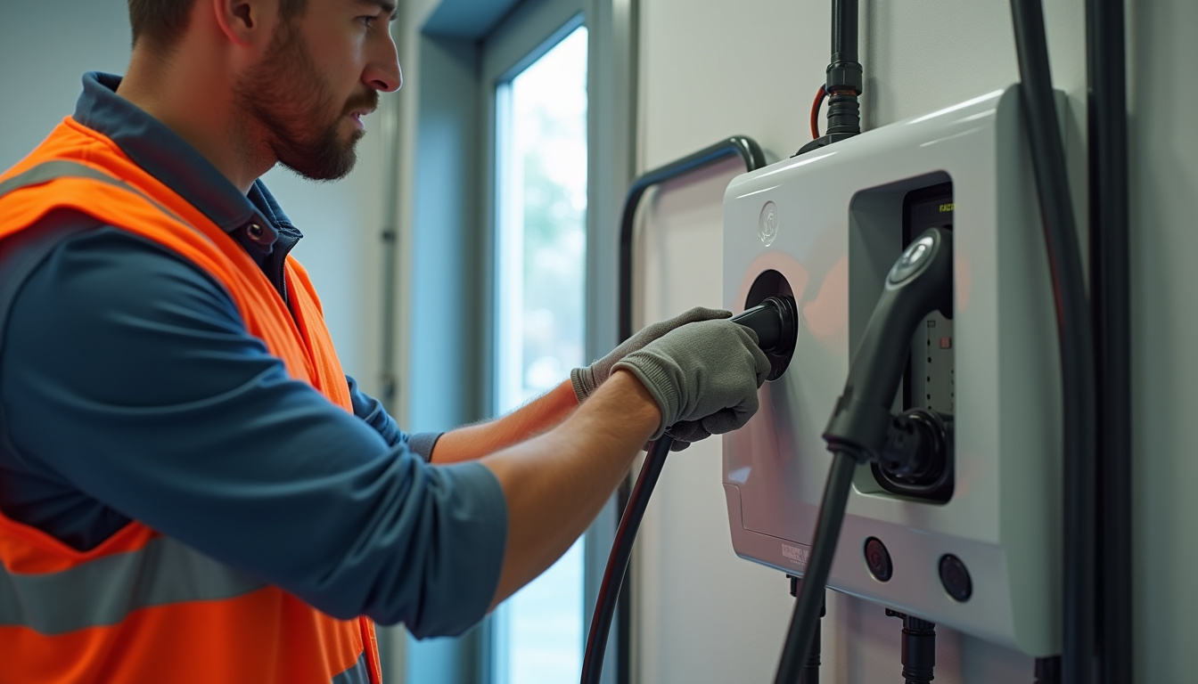 Électricien en train d'installer une borne de recharge pour véhicule électrique