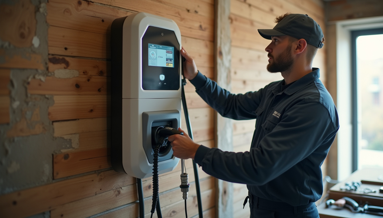 Électricien en train d’installer une borne de recharge pour véhicule électrique