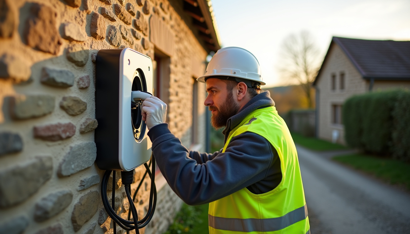 Électricien en train d’installer une borne de recharge pour voiture électrique à Mailly-le-Camp